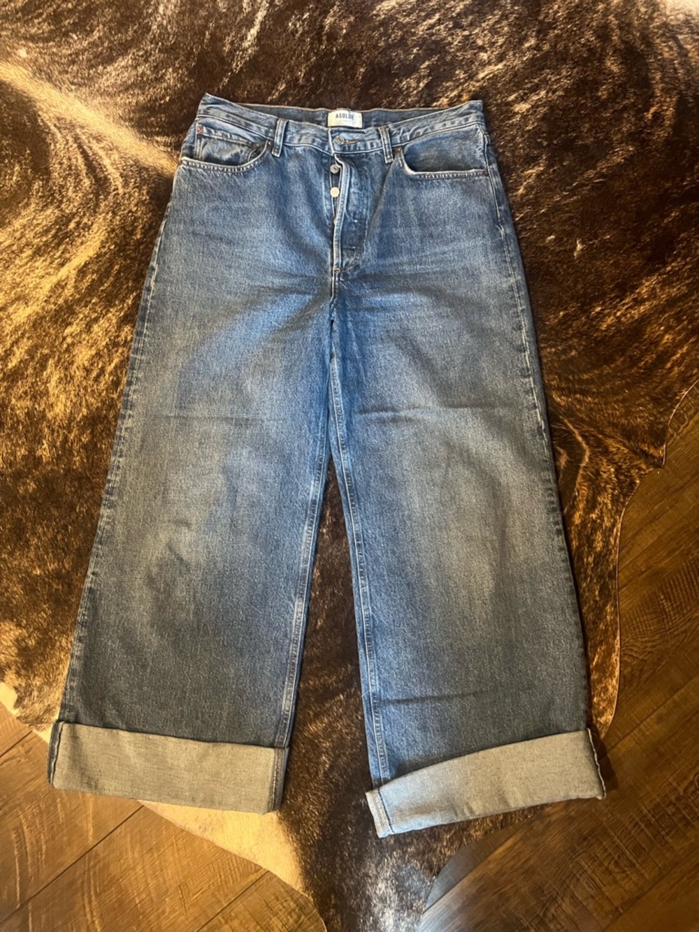 Agolde Wide-Leg Rolled Hem Blue Denim Jeans